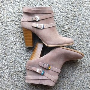 Tan suede low cut high heel boots